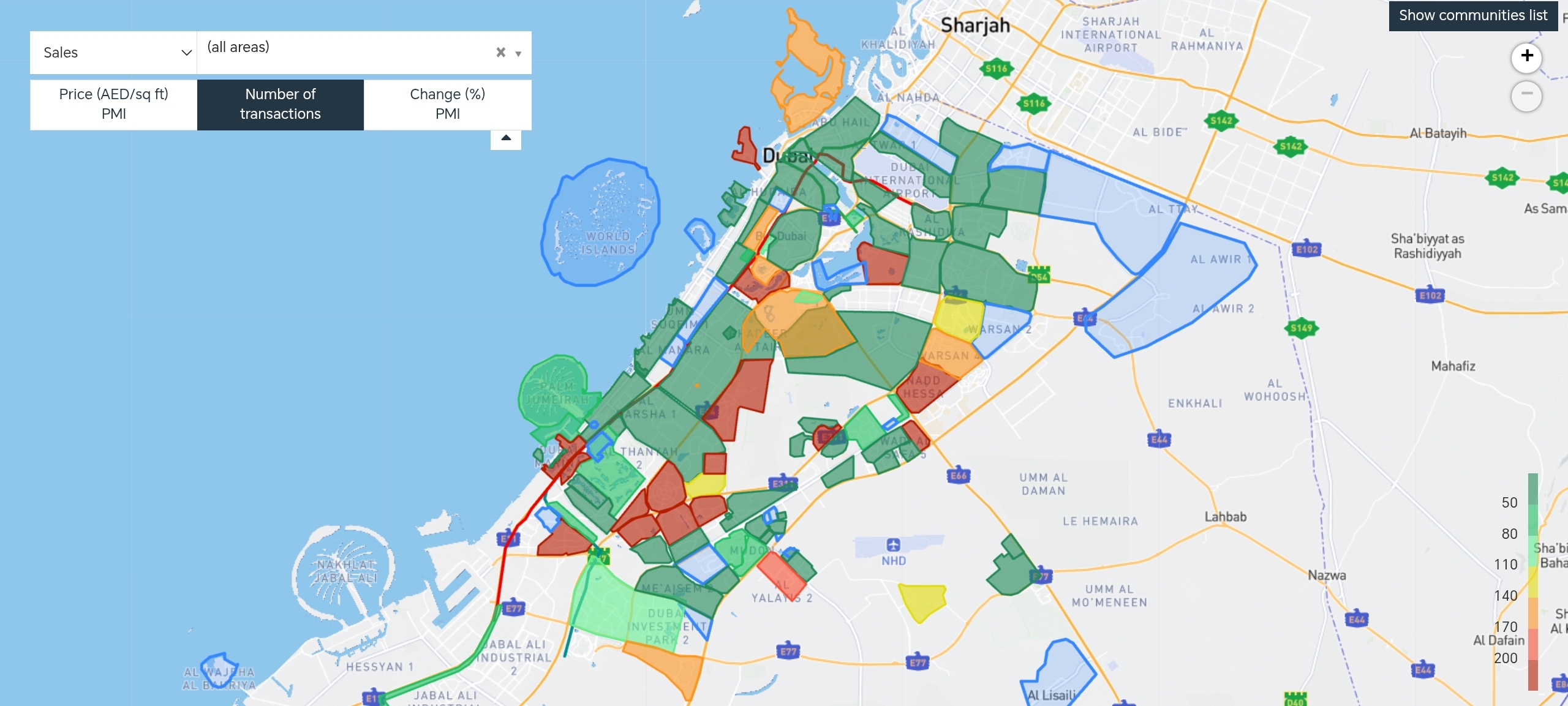Dubai number of property sales by area
